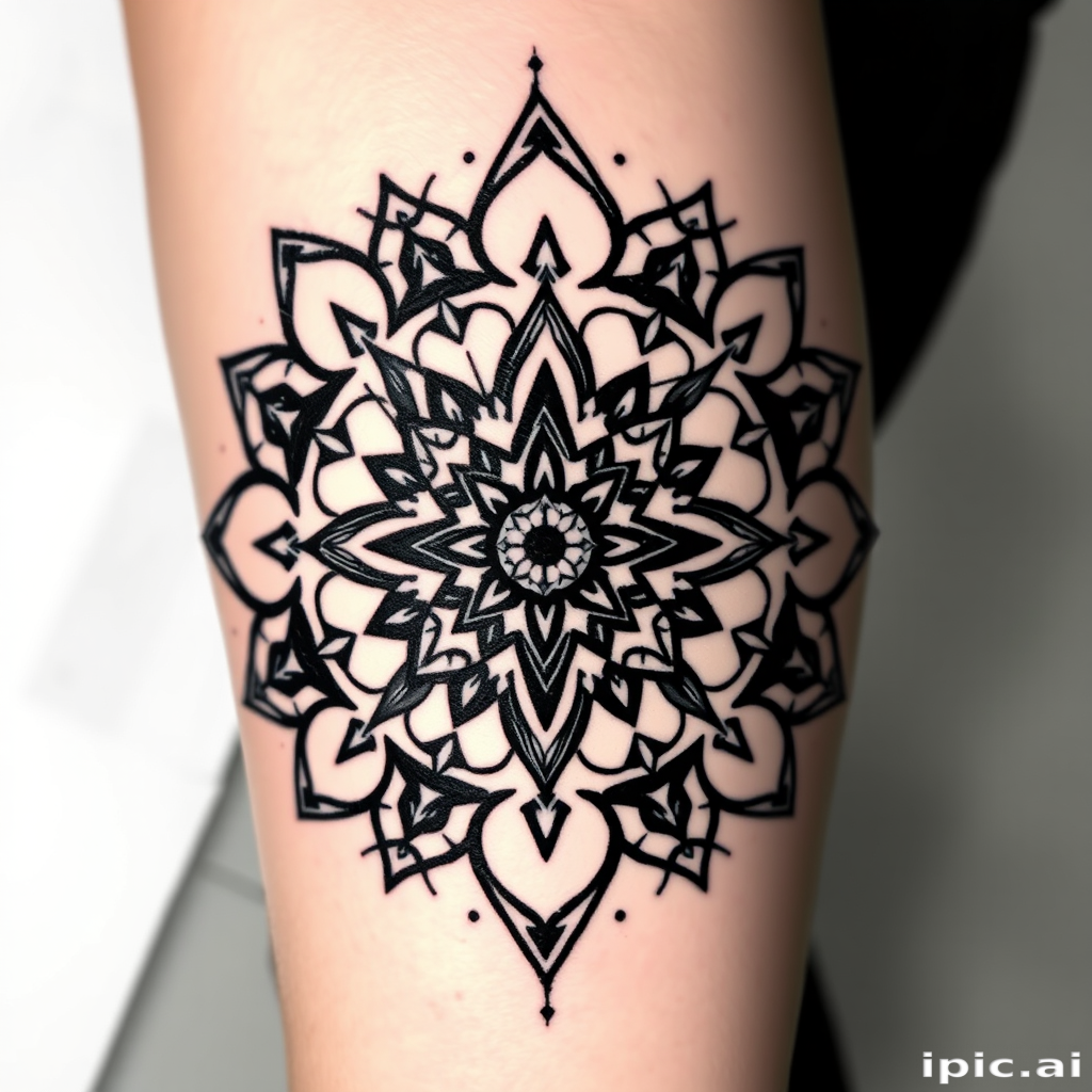 Geometric blackwork tattoo called "Sacred Symmetry" incorporating precise shapes and patterns to form a large-scale mandala design with negative space elements, creating a striking contrast on the skin