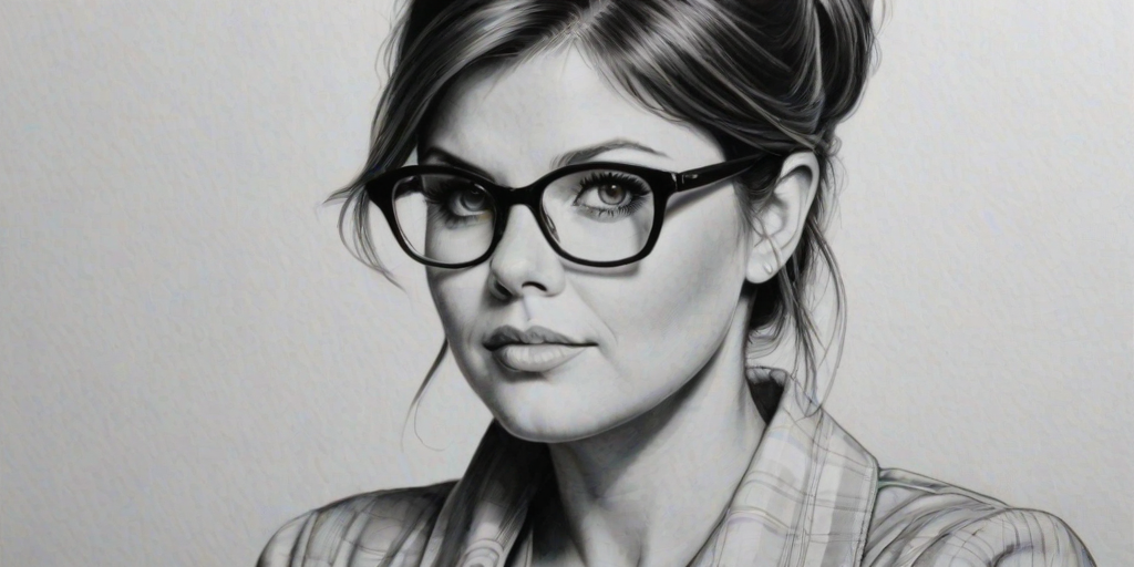 Stunning Tiffani Thiessen, pencil sketch, portrait of Radiant woman 1965s in glasses, hair style beatnik, outline, clear lines, fine lines, 8k