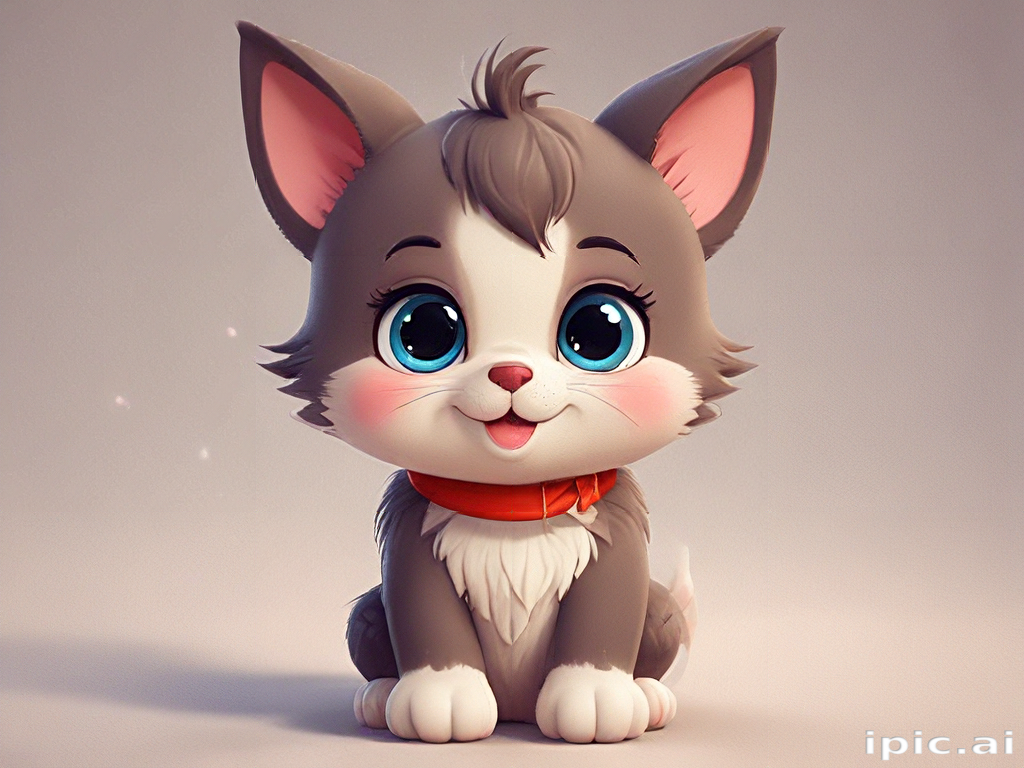 Adorable Cartoon Kitten with Big Eyes and Playful Expression Sitting Cutely