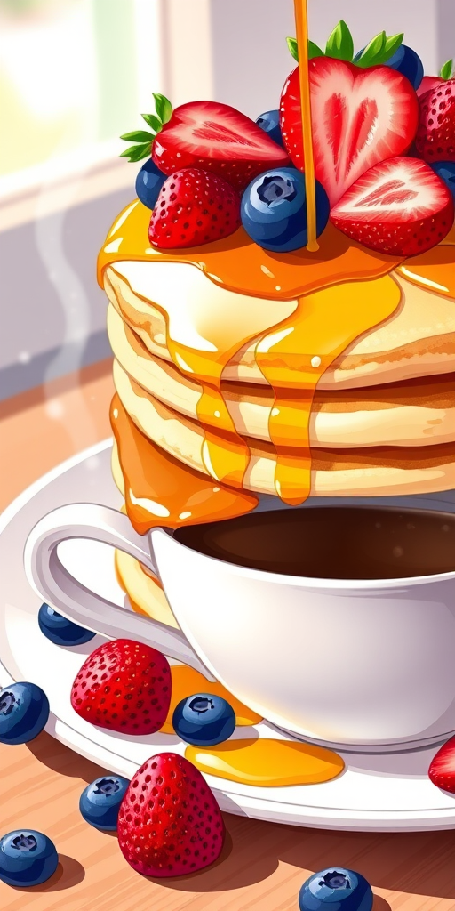 Create a vibrant and detailed illustration of a stack of pancakes topped with syrup, strawberries, and blueberries beside a steaming cup of coffee on a saucer, captured with a 50mm lens at f/2.8, low-angle view, natural light, digital illustration style.