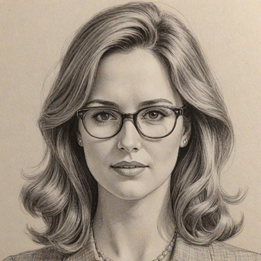 Attractive Chevy Chase, pencil sketch, portrait of Comely woman 1965s in glasses, hair style beatnik, outline, clear lines, fine lines, 8k