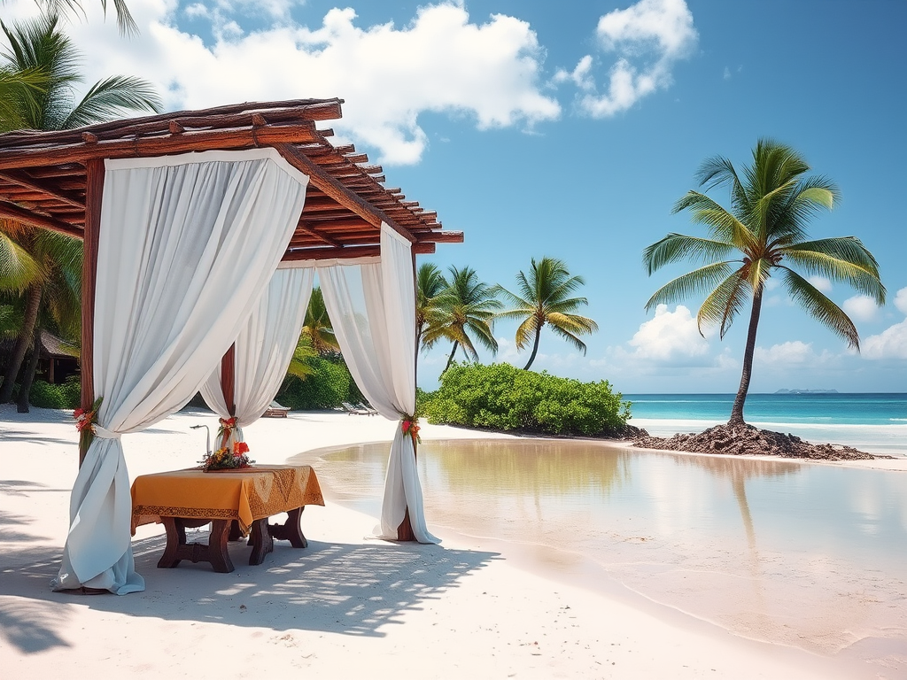 Create a picturesque tropical beach scene featuring a serene, white sandy shore. In the foreground, there's a rustic wooden canopy with white drapes gently flowing in the breeze. Underneath the canopy, a table is set with tropical decor, evoking a sense of relaxation and leisure. The beach extends into a calm, shallow water area with reflections of the sky and surroundings. Palm trees and lush greenery line the edge of the beach, providing a natural, tropical backdrop. The sky is clear with a few scattered clouds, and the overall atmosphere is tranquil and inviting, perfect for a peaceful retreat.