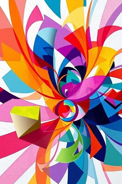 Create a vibrant abstract digital artwork featuring colorful geometric shapes and swirls, using a Canon EOS R5 with a 50mm f/1.2 lens, at ISO 100, f/8 aperture, and a 1/125s shutter speed, in a studio lighting setup for enhanced clarity and depth.