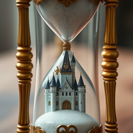 Capture a detailed close-up of an ornate hourglass with a castle model inside, using a DSLR camera at f/2.8 aperture, 50mm lens, ISO 100, 1/125s shutter speed, natural light, and a shallow depth of field for enhanced focus on the hourglass while softly blurring the background.