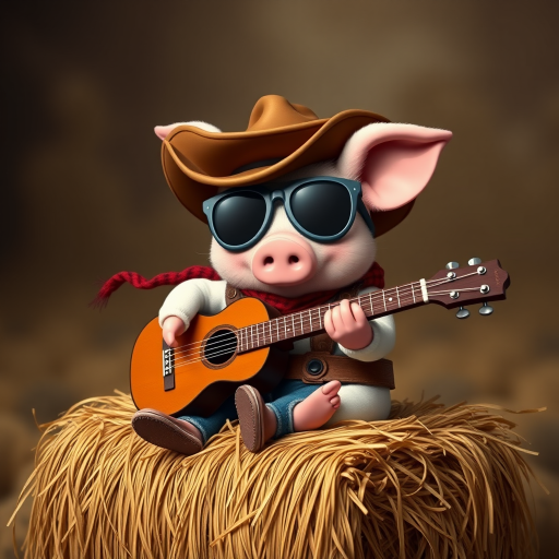 A chibi pig, dressed as a cowboy, playing guitar, sitting on a hay bale