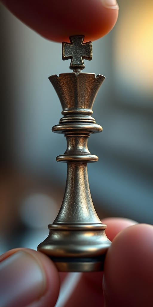 Close-up of an antique chess king piece held between fingers, shallow depth of field, natural lighting, DSLR camera, 50mm f/1.8 lens, ISO 100, 1/200 sec exposure, macro view.