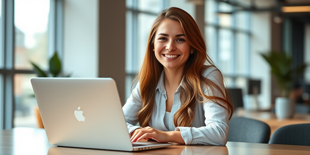 professional young woman with long hair smiling at a desk with a laptop in a modern office setting, natural light coming through large windows, 50mm lens, f/1.8 aperture, ISO 100, portrait orientation, shallow depth of field, DSLR camera