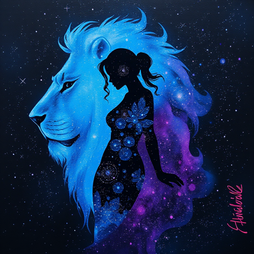 Captivating conceptual render alcohol ink art, double exposure, the paint strokes artfully merge combining a woman's full silhouette with a Delicate dragonfly's silhouette. The figures are composed of a series of colored dots, lines & spots that evoke the image of a cosmic galaxy, colors are deep shades of blue purple & black with flashes of white & silver representing distant stars. The woman's silhouette is formed within the lion's silhouette from constellations of scattered stars, surreal