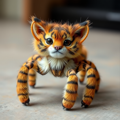 This charming yet frightening Spider Tiger features six legs, a hairy, furry body, and a cat-like tiger physique combined with an insectoid tiger head and tiger legs. The furry head further adds to the creature's unique appearance, creating a captivating blend of cuteness and fear that makes this six-legged, furry, insect-inspired tiger both adorable and scary.