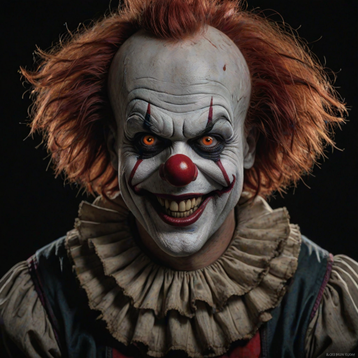 Create a hyper-realistic, dark, and eerie clown with a sinister smile, set against a black background. The clown should have exaggerated makeup with sharp, contrasting colors to enhance its menacing appearance. The overall atmosphere should be unsettling and intense, capturing a sense of horror and suspense