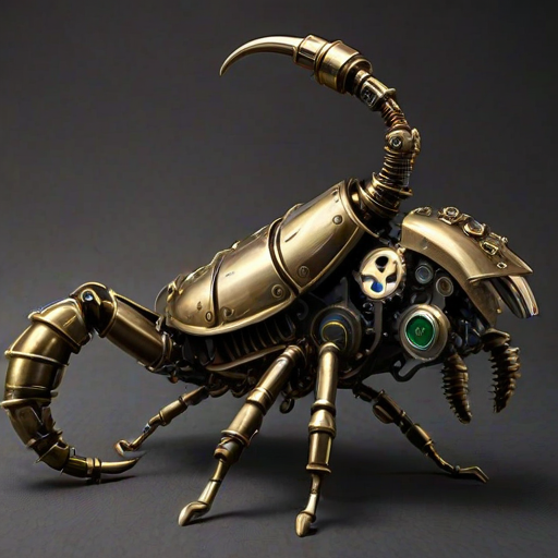 Create a high-intensity, high-resolution image of a steampunk scorpion, featuring intricate clockwork mechanisms and brass gears. The scorpion should have metallic limbs with elaborate jointed segments, showcasing a blend of Victorian-era aesthetics and futuristic technology. The body should be adorned with cogwheels, pistons, and small steam vents emitting a subtle mist, the front pinchers should up up and open. Capture the scene with dramatic lighting to emphasize the mechanical details, giving it a sense of motion and life