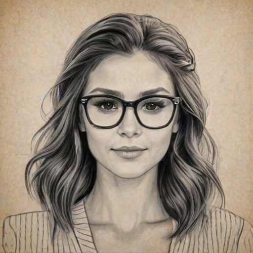 Radiant Nina Dobrev, pencil sketch, portrait of Delightful woman 1948s in glasses, hair style beatnik, outline, clear lines, fine lines, 8k