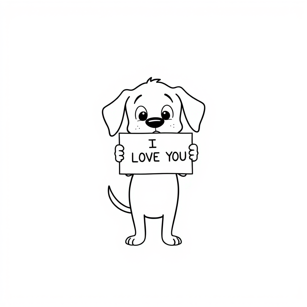 A minimalist cartoon of a PUPPY standing on a blank white background, holding a sign that simply says, 'I LOVE YOU.' The puppy is drawn with just a few lines: big eyes, whiskers, floppy ears, and a straight tail, giving it a comically desperate expression.