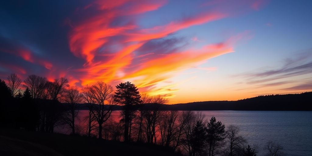 Generate a vibrant sunset over a calm lake, with silhouetted trees in the foreground, shot with a Canon EOS R5, ISO 100, f/8, 1/200 sec, wide-angle lens, and golden hour lighting for enhanced color saturation and detail.