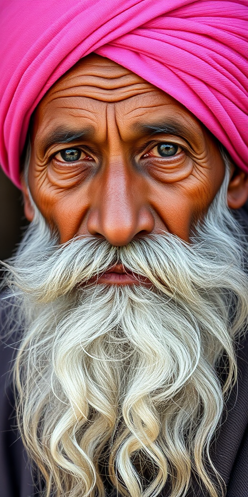 Regenerate an image of an elderly man with a long beard and a pink turban, close-up shot, natural lighting, DSLR camera, aperture f/2.8, shutter speed 1/250s, ISO 200, vibrant color saturation.