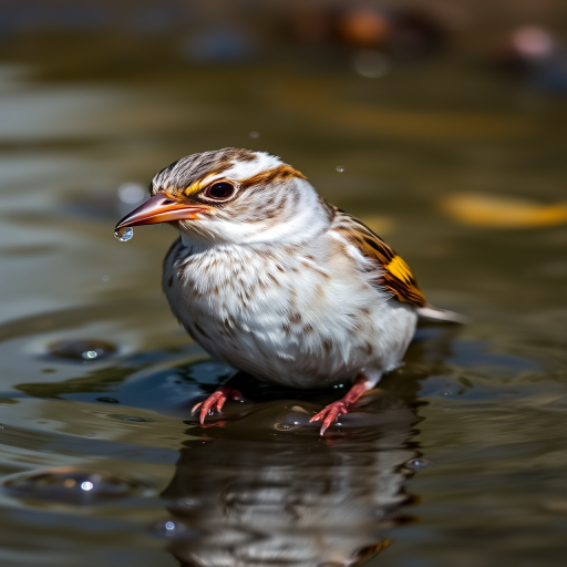 A close-up of a sparrow bathing in water with droplets splashing around, shallow depth of field, 85mm lens, aperture f/1.8, ISO 200, 1/500s shutter speed, natural light, DSLR camera.