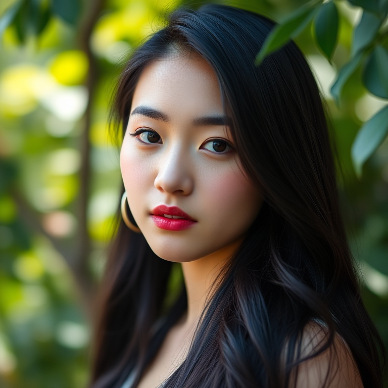 portrait of a young woman with long black hair, soft natural lighting, shallow depth of field, ISO 100, f/2.8, 85mm lens, shot on a DSLR camera in a lush green environment, focus on the subject with blurred background
