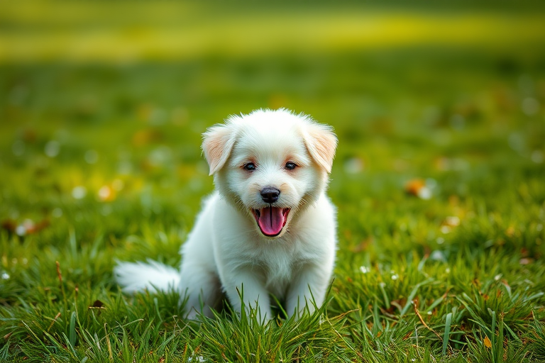 Generate an image of a white fluffy dog sitting on green grass, captured with a DSLR camera, aperture f/2.8, shutter speed 1/500s, ISO 200, shooting from a low angle with a blurred background to enhance focus on the dog.