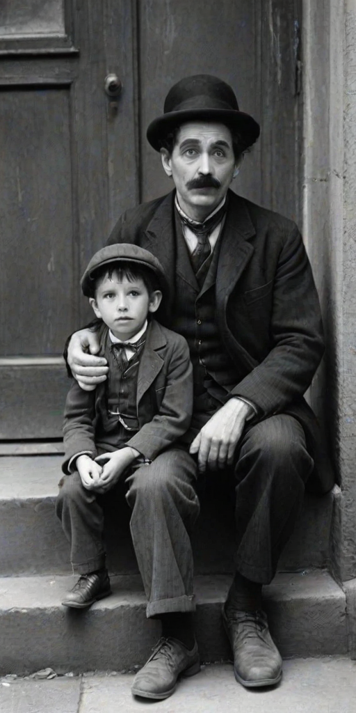 A black-and-white photograph of a man and a child sitting on steps in front of a doorway. The man is dressed as a tramp with a bowler hat, mustache, and ragged clothes, reminiscent of Charlie Chaplin's iconic look. He is sitting with his arms crossed and an expression of slight sadness or frustration. Next to him is a young boy, also in worn clothes and a cap, sitting with his hands clasped, looking thoughtful. The background is an old, textured wall and a partially open door, creating a vintage, early 20th-century atmosphere.