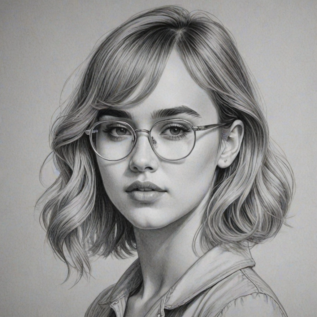 Attractive Suki Waterhouse, pencil sketch, portrait of Attractive woman 1936s in glasses, hair style beatnik, outline, clear lines, fine lines, 8k