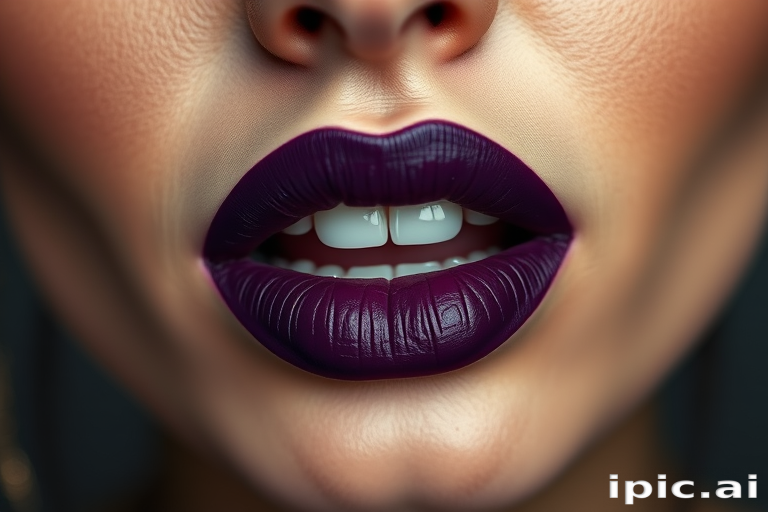 Mesmerizing woman lips showcasing a deep purple matte lipstick, bold and edgy, sharp and precisely applied, making a powerful statement