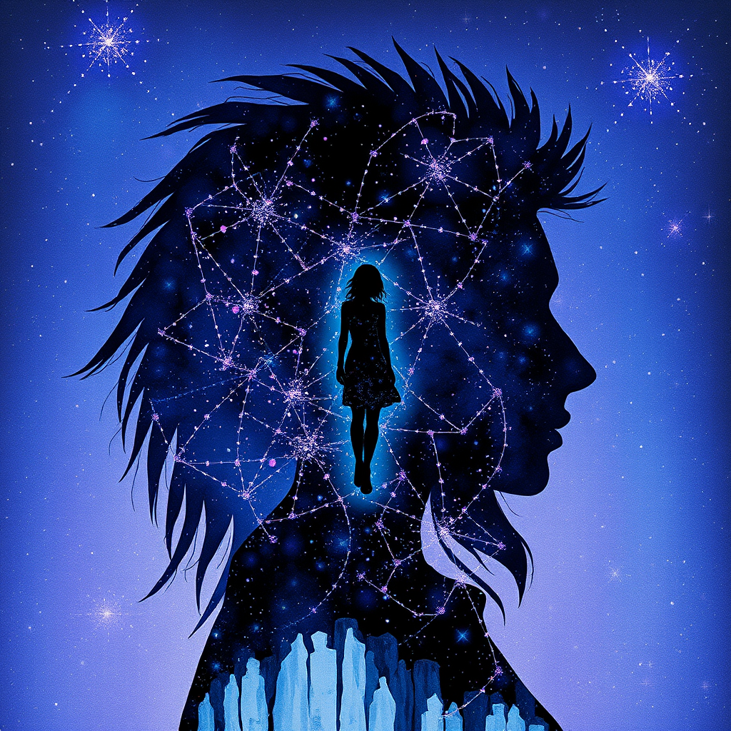 Captivating conceptual render alcohol ink art, double exposure, the paint strokes artfully merge combining a woman's full silhouette with a Xenial xenops's silhouette. The figures are composed of a series of colored dots, lines & spots that evoke the image of a cosmic galaxy, colors are deep shades of blue purple & black with flashes of white & silver representing distant stars. The woman's silhouette is formed within the lion's silhouette from constellations of scattered stars, surreal