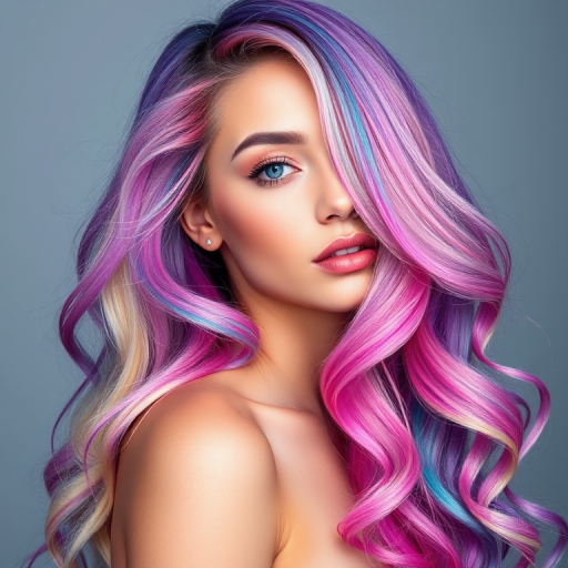 Captivating woman with a bold rainbow-colored mermaid hairstyle, featuring long cascading waves in a mesmerizing blend of pastel hues and iridescent highlights