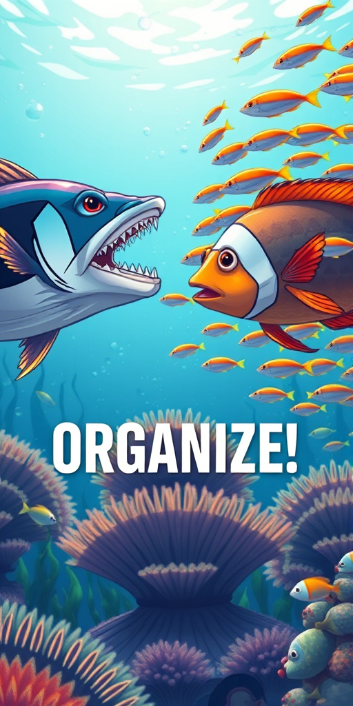Create a vibrant illustration of two predator fish on the left side facing a school of smaller fish on the right side, include the word "ORGANIZE!" in bold letters centered below the fish, set in a bright underwater scene, camera type DSLR, camera style digital illustration, camera view wide-angle, settings f/8, ISO 100, shutter speed 1/250 sec.