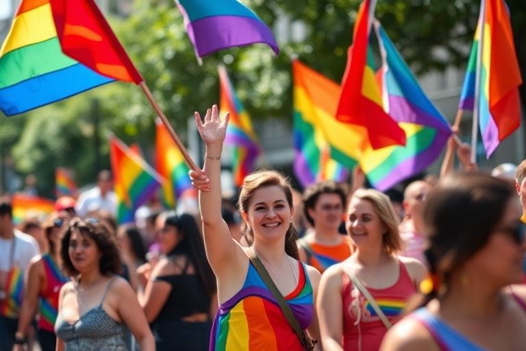 capture a vibrant pride parade scene with diverse participants joyfully waving flags, focus on a group of people wearing bright clothing, deep focus, natural lighting, aperture f/4, shutter speed 1/250 sec, ISO 200, DSLR camera, 24mm lens