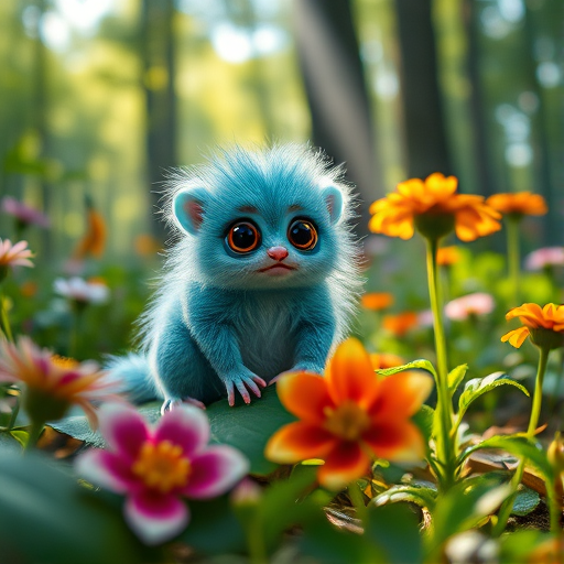 Create a vibrant forest scene featuring a fluffy, blue-green creature with large eyes sitting on a leaf, surrounded by colorful flowers and dappled sunlight filtering through the trees, captured with a Canon EOS R5, 85mm f/1.2 lens, aperture at f/2.8, ISO 100, and a soft bokeh effect to enhance details.