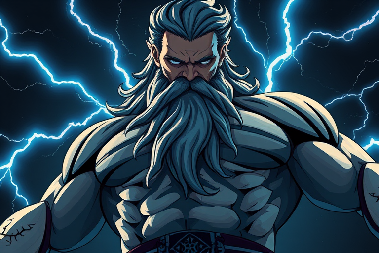 Create a high-resolution illustration of a powerful mythical figure with a muscular physique and a flowing beard, surrounded by dramatic lightning bolts, using a Canon EOS R5 with a 50mm lens at f/1.8, set to ISO 200, during a dynamic low-angle view to enhance the subject's imposing presence against a dark background.