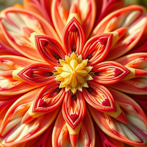 Create a high-resolution image of a stylized floral pattern, shot with a Canon EOS R5, 50mm f/1.2 lens, aperture set to f/4, ISO 100, in soft natural light, using a macro photography style to capture intricate details.