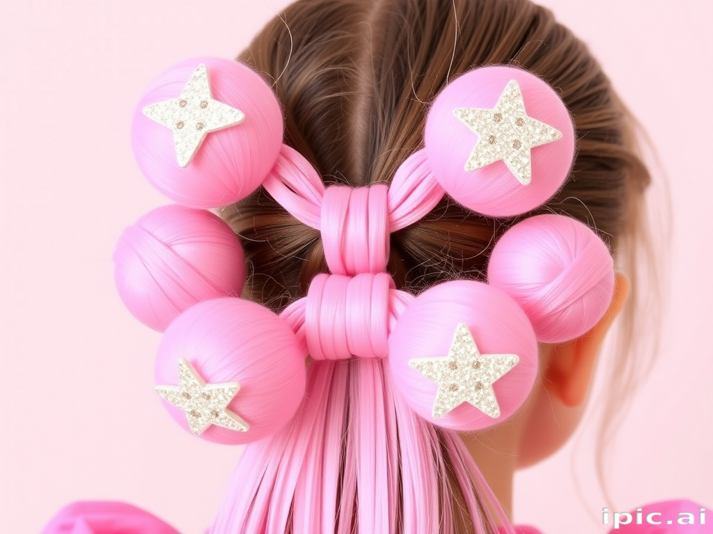 Playful bubble ponytail in cotton candy pink, featuring multiple hair ties creating spherical sections, adorned with glittery star-shaped clips for a fun twist
