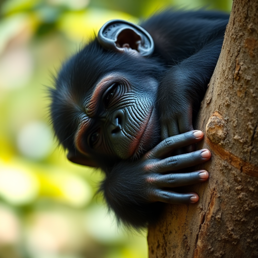 Close-up of a resting chimpanzee on a tree trunk, shallow depth of field, soft natural light, 85mm lens, ISO 200, f/2.8, 1/500s, DSLR camera, portrait orientation, high resolution.