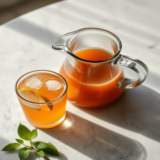 Regenerate the image of a pitcher and glass with beverage setup: use a Canon EOS R with a 50mm lens, aperture f/1.8, ISO 100, shutter speed 1/125s, shoot from a top-down view in natural light for enhanced clarity and detail.