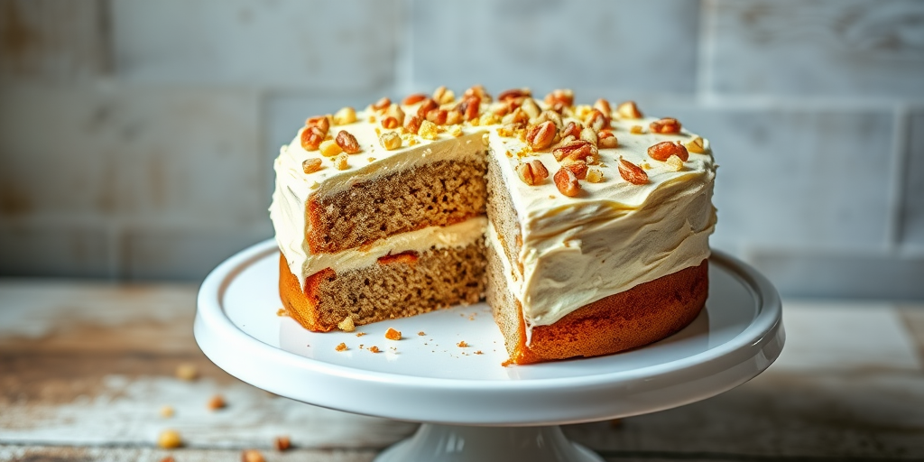 Create an image of a layered cake with creamy frosting topped with chopped nuts placed on a white cake stand with a rustic background. The cake should have a few slices cut out to showcase its layers and texture, emphasizing its delicious and inviting appearance.