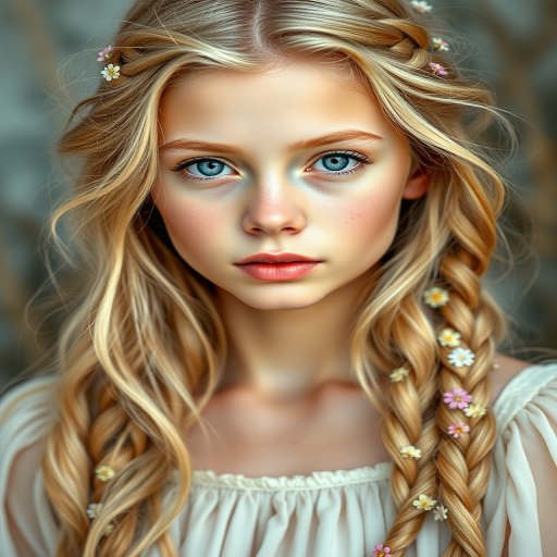 Create an image of a young woman with long, wavy blonde hair, adorned with small, colorful flowers woven into her braids and loose strands. Her complexion is fair, with soft, glowing skin, and she has light blue eyes that gaze softly at the viewer. She wears a light, flowing dress with a gentle, ethereal quality, complementing her delicate and serene appearance. The background is slightly blurred, drawing focus to her tranquil expression and the intricate details of the flowers in her hair. The overall mood of the image is one of natural beauty and grace, evoking a sense of peacefulness and connection with nature.
