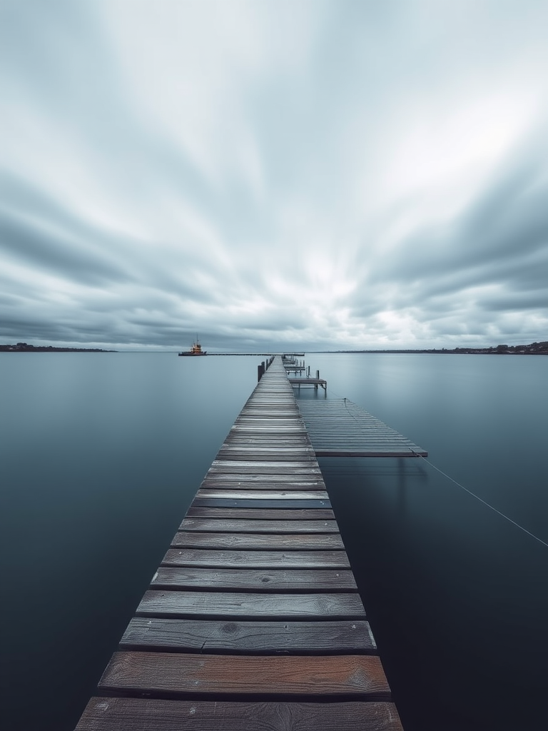 Wide-angle shot of a wooden pier extending into a calm harbor with blurred clouds above, taken with a Canon EOS R5, f/8 aperture, ISO 100, 15-second exposure for long exposure effect, enhanced color contrast and sharpened details.