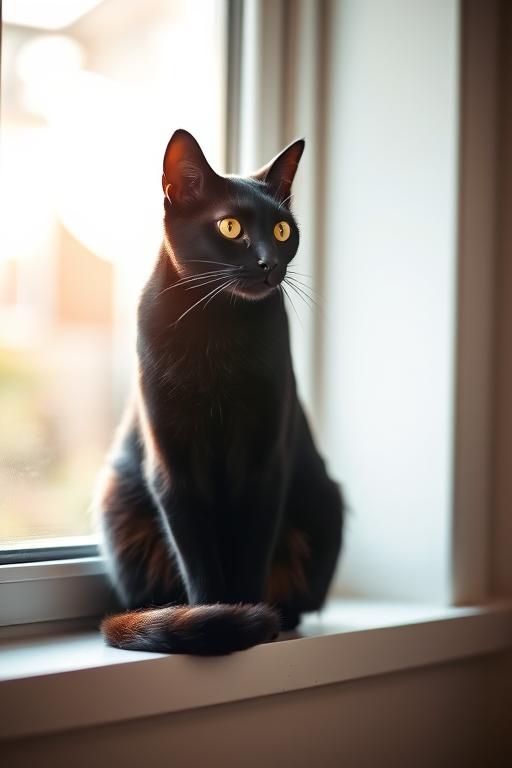 Create a high-quality image of a sleek black cat sitting gracefully on a windowsill with sunlight filtering through, captured using a Canon EOS 5D Mark IV at f/4, ISO 100, 1/200s, in a natural light setting with a shallow depth of field for a soft background blur.