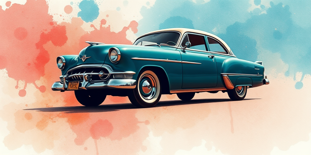 vintage car on a watercolor background, captured from a low angle, aperture f/4, shutter speed 1/250s, ISO 100, DSLR camera with a 50mm lens, natural soft lighting