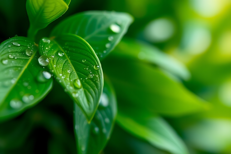 close-up of green leaves with water droplets, soft focus background, natural light, aperture f/2.8, ISO 100, shutter speed 1/50s, macro lens, DSLR camera, high resolution