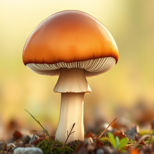 Create a detailed illustration of a mushroom with a smooth, rounded cap in warm brown tones, featuring a pale stem, captured with a DSLR camera at f/5.6 aperture, 50mm lens, and a soft focus background for an enhanced depth of field.
