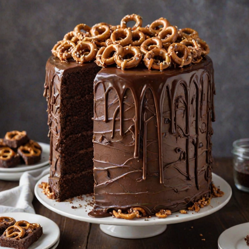 Create an image of a tall chocolate cake with smooth chocolate frosting. The top should have decorative swirls of frosting and be adorned with pretzels. The sides should feature a cascade of chocolate ganache dripping down, while the base is covered with crushed pretzels and oats for texture. The cake should be presented on a white cake stand with a clean, bright background.