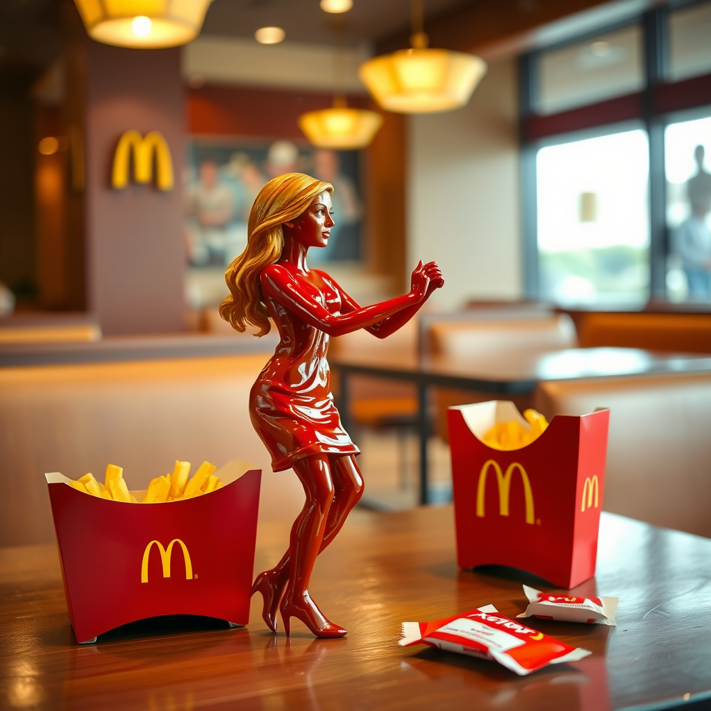 A hyperdetailed image of a woman made entirely of ketchup dancing with a stick figure man made of french fries, placed on a table at a McDonald's restaurant. Add a McDonald's french fry box and some open, empty ketchup packets to the table.