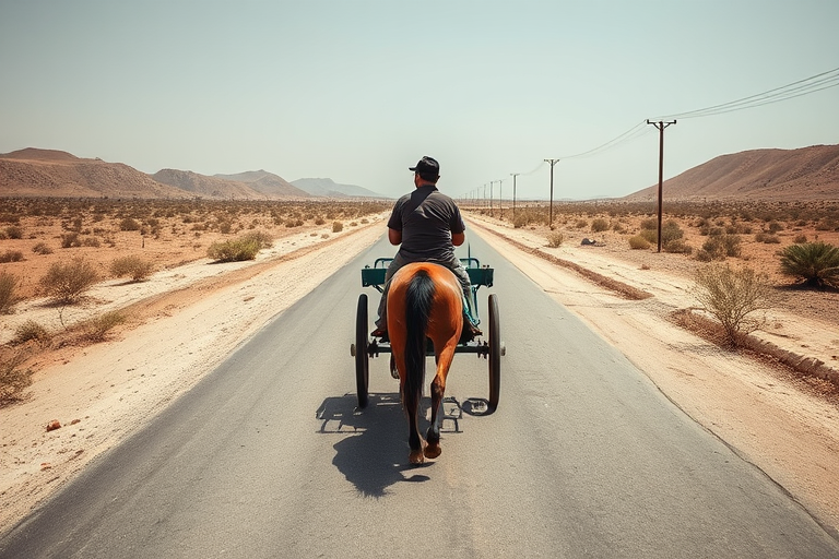 regenerate an image of a person riding a horse-drawn cart on a deserted road with a clear sky, use a Canon EOS R5 camera, set aperture to f/8, shutter speed 1/250s, ISO 100, shoot from a wide angle view, use natural lighting and a documentary photography style