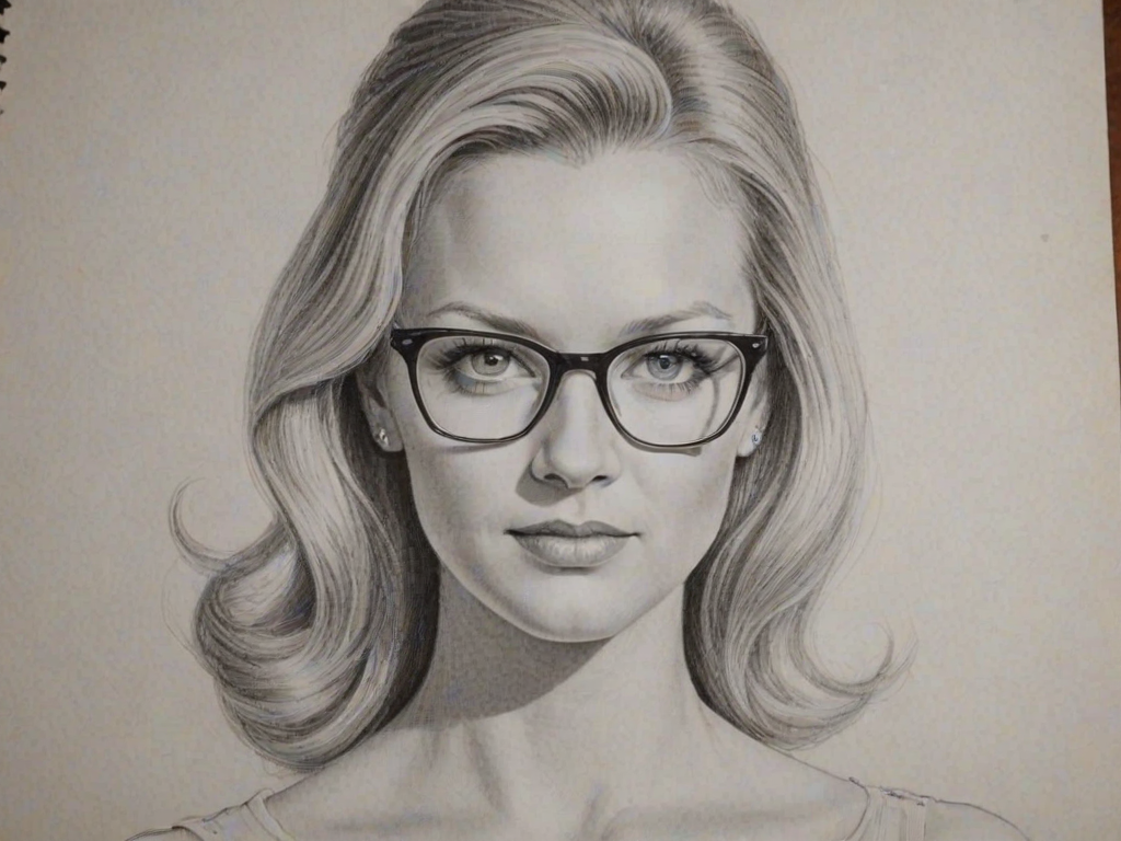 Wonderful A.J. Cook, pencil sketch, portrait of Gorgeous woman 1956s in glasses, hair style beatnik, outline, clear lines, fine lines, 8k
