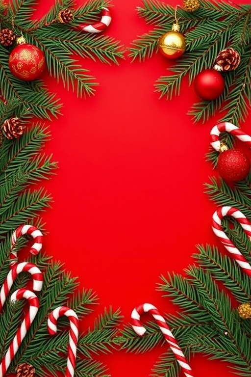 Create an image featuring a festive holiday scene with a solid red background. Include pine branches, red and gold ornaments, and candy canes arranged around the edges of the image to create a decorative border. Ensure there is ample empty space in the center for text or additional elements.