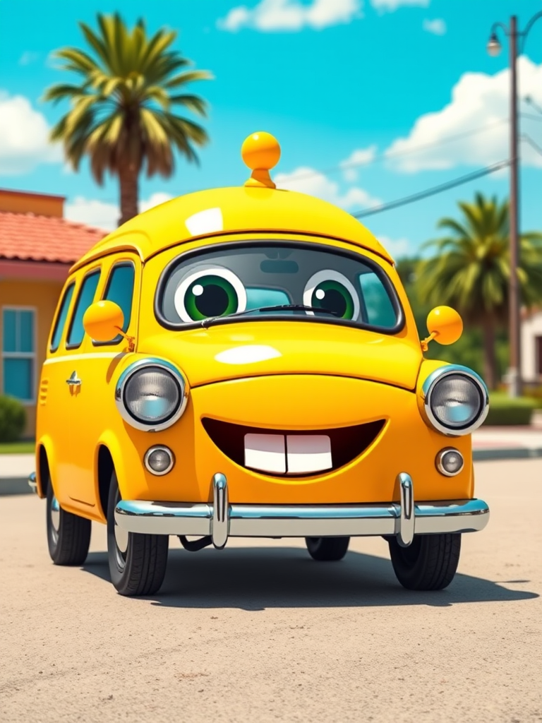 create a vibrant cartoon-style illustration of a yellow car with a whimsical design, featuring oversized eyes, a big smile, and a unique dome-shaped top, set against a sunny background, shot with a DSLR camera at f/8 aperture, 1/500s shutter speed, ISO 100, using a wide-angle lens to capture the entire vehicle in sharp detail with bright colors