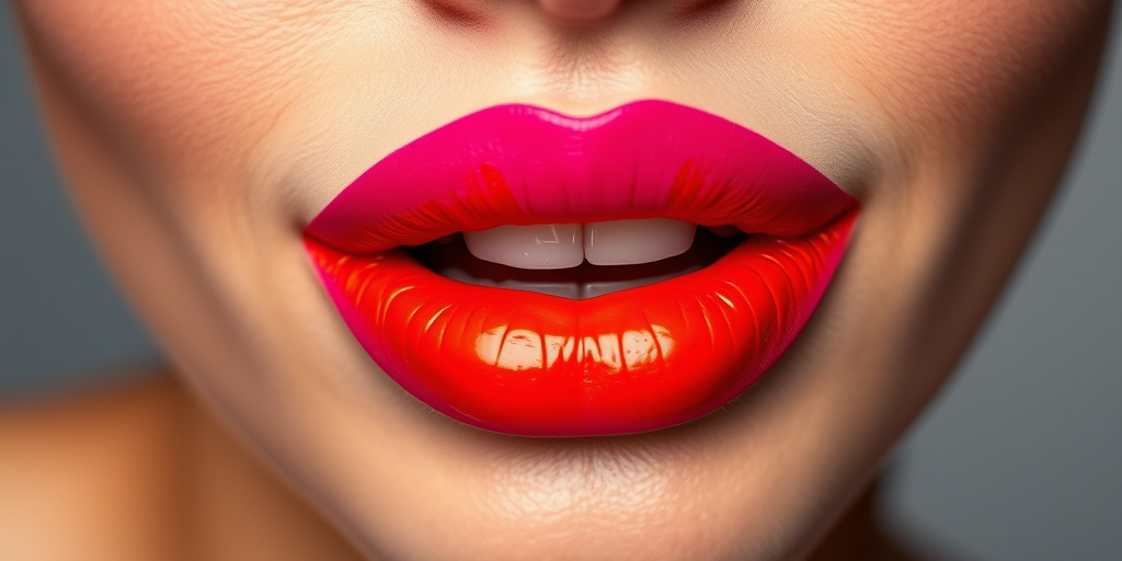 Striking two-toned lips with contrasting shades of fuchsia and orange, creating a bold and unique look that demands attention
