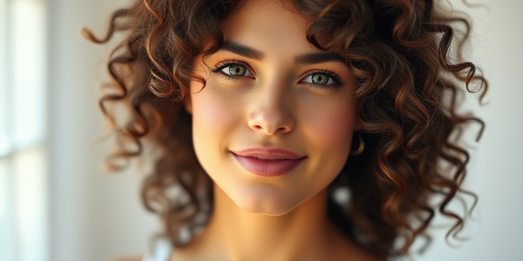 portrait of a woman with curly hair, natural light, shallow depth of field, 85mm lens, f/1.8, ISO 200, soft bokeh background, taken with a full-frame DSLR camera